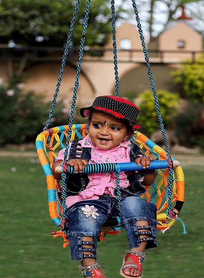 Patiofy أرجوحة أطفال / أرجوحة أطفال / أرجوحة للأطفال / أرجوحة للأطفال من عمر سنة إلى 5 سنوات للاستخدام الداخلي / كرسي أرجوحة أطفال / أرجوحة أطفال بحبل قطني / إطار خشبي قوي ومتين (متعدد الألوان) من باتيوفي - Image 1